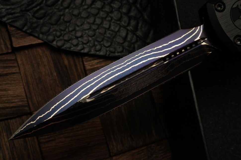 Microtech Marfione Select Ultratech ZBP D/E Blued Baker Forge IceStorm w/ Hefted Black Handle & Purple Accents 1122-16MS3