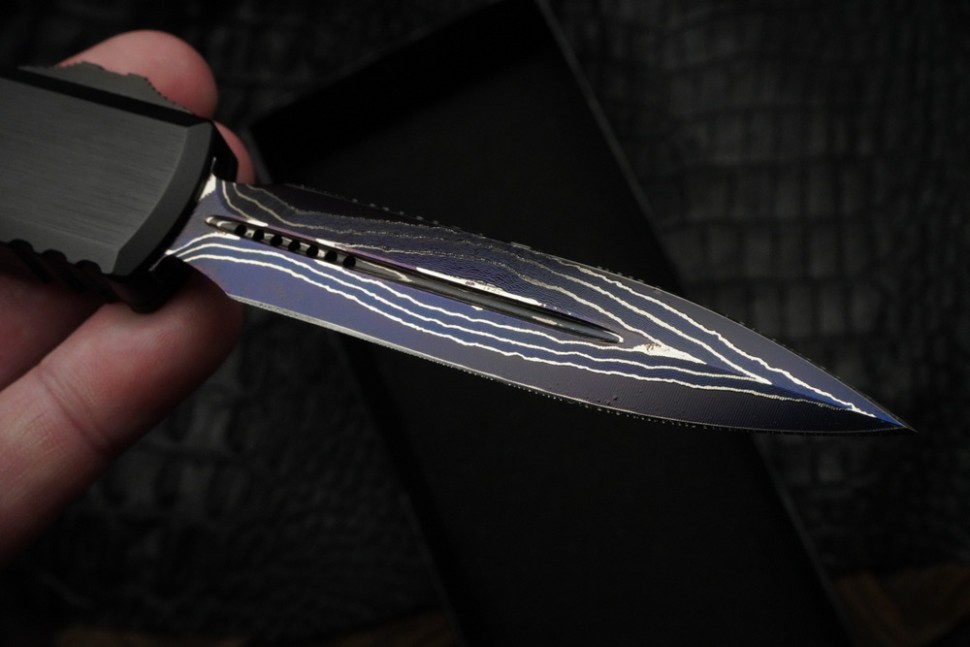 Microtech Marfione Select Ultratech ZBP D/E Blued Baker Forge IceStorm w/ Hefted Black Handle & Purple Accents 1122-16MS3