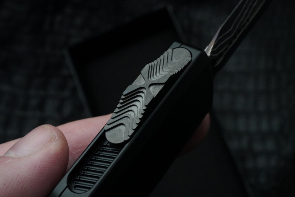 Microtech Marfione Select Ultratech ZBP D/E Blued Baker Forge IceStorm w/ Hefted Black Handle & Purple Accents 1122-16MS3
