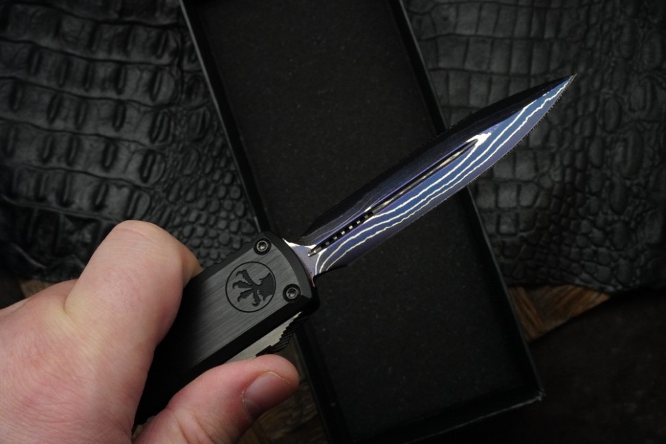 Microtech Marfione Select Ultratech ZBP D/E Blued Baker Forge IceStorm w/ Hefted Black Handle & Purple Accents 1122-16MS3