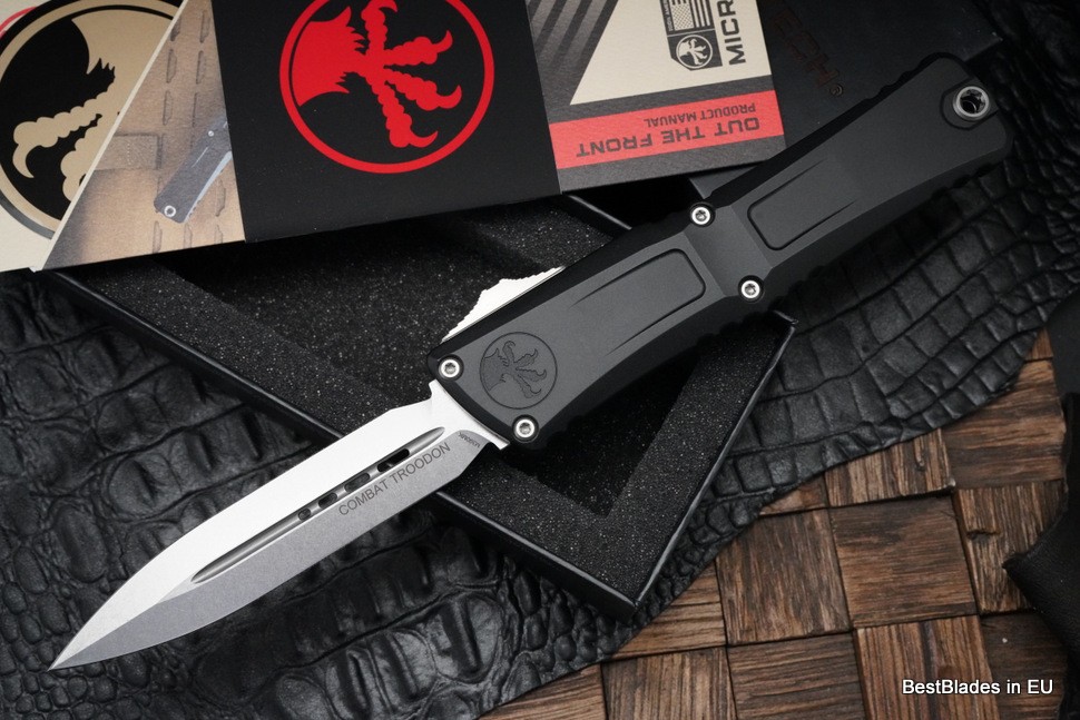 Microtech Knives Combat Troodon Gen III Stonewash Double Edge w/ Black Handle 1142-10