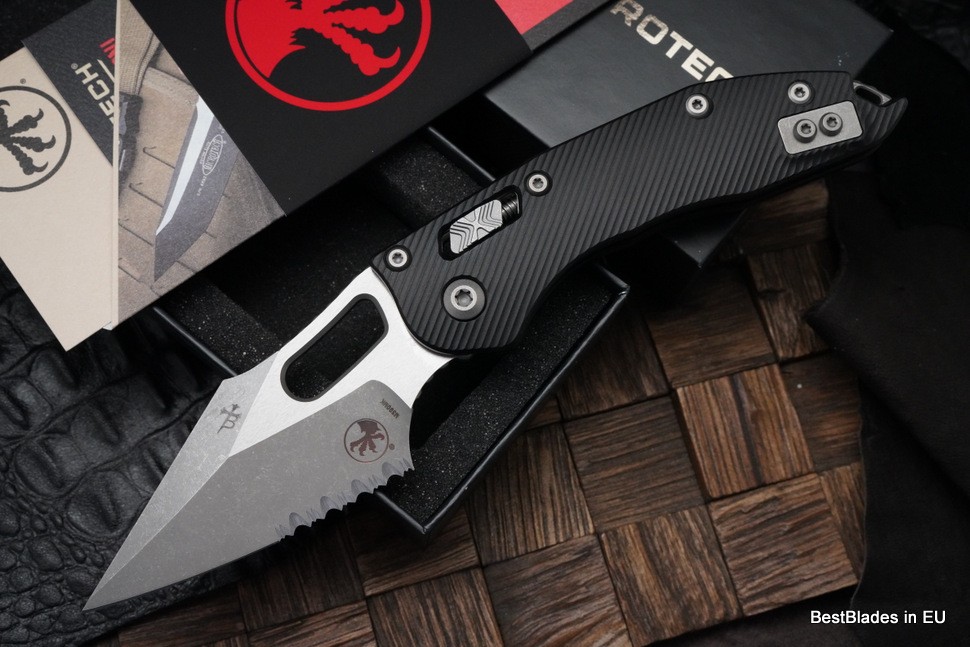 Microtech Knives Manual Stitch RAM LOK Fluted Black Aluminum & Apocalyptic Partial Serrated M390MK 169RL-11APFL