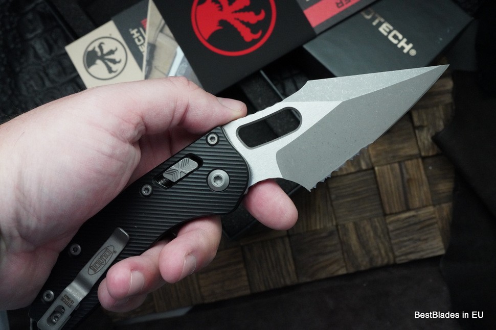 Microtech Knives Manual Stitch RAM LOK Fluted Black Aluminum & Apocalyptic Partial Serrated M390MK 169RL-11APFL