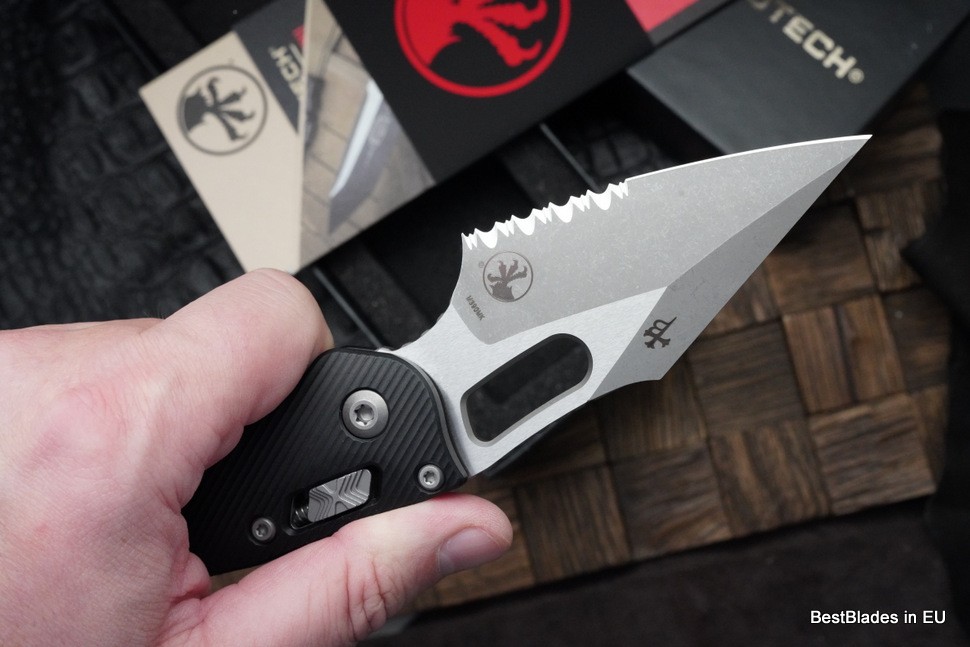 Microtech Knives Manual Stitch RAM LOK Fluted Black Aluminum & Apocalyptic Partial Serrated M390MK 169RL-11APFL