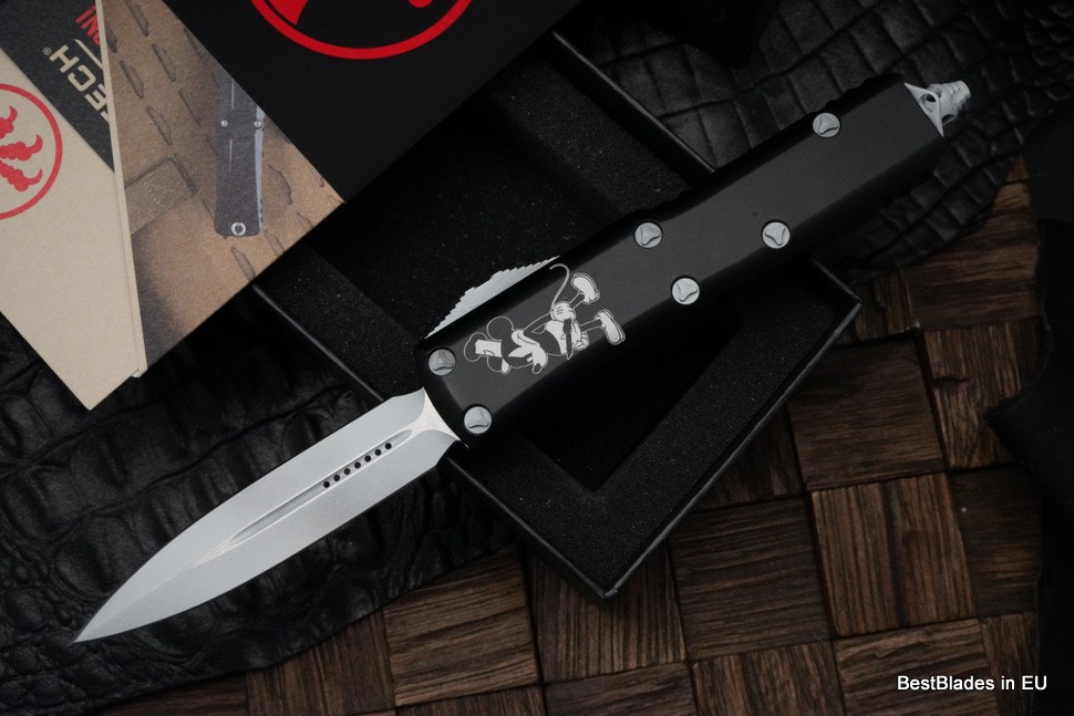 Microtech UTX-85 Steamboat Willie Black Handle w/ Dirty White Accents D/E 232-1SB