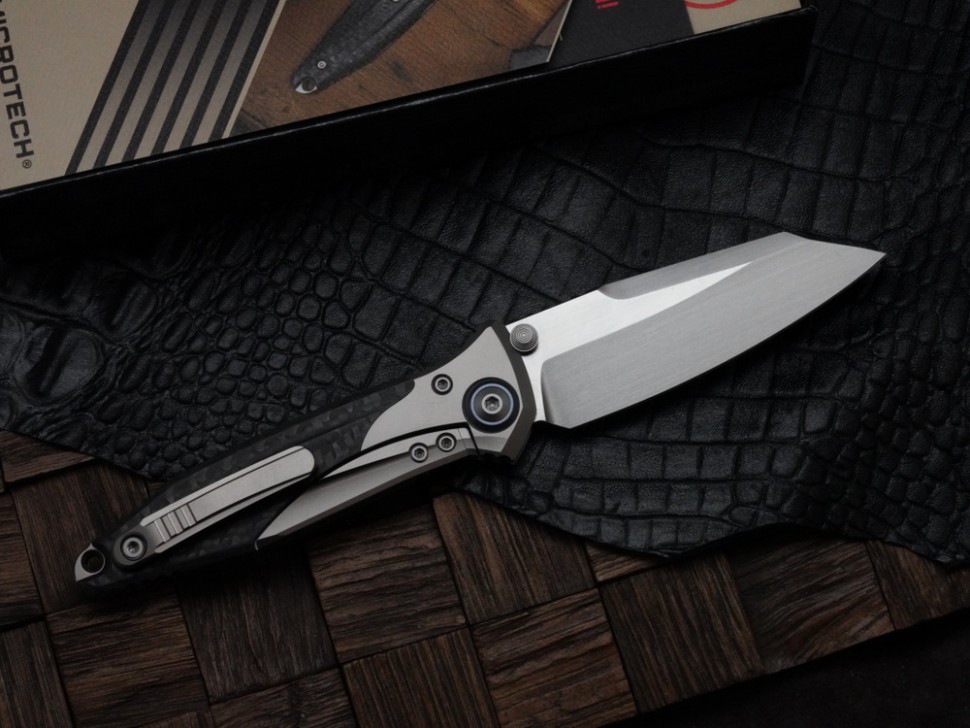 Discontinued Microtech Knives Socom Bravo Mini Warcom Hand Satin w/ Blue Ti Pivot Collars & Carbon Fiber Scales 263M-4CFTI