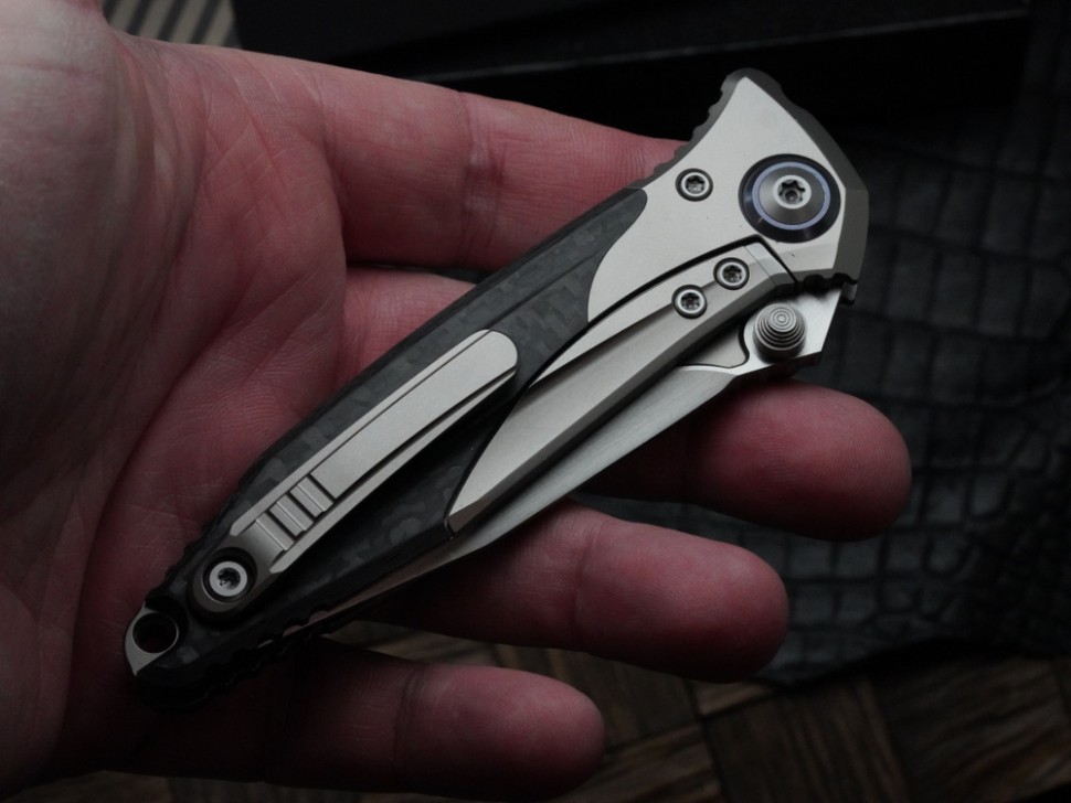 Discontinued Microtech Knives Socom Bravo Mini Spear Point Hand Satin w/ Blue Ti Pivot Collars & Carbon Fiber Scales 262M-4CFTI