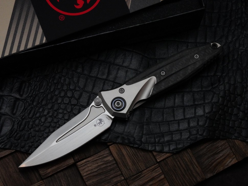 Discontinued Microtech Knives Socom Bravo Mini Spear Point Hand Satin w/ Blue Ti Pivot Collars & Carbon Fiber Scales 262M-4CFTI