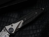 Discontinued Microtech Knives Socom Bravo Mini Spear Point Hand Satin w/ Blue Ti Pivot Collars &amp; Carbon Fiber Scales 262M-4CFTI