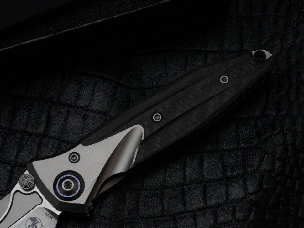 Discontinued Microtech Knives Socom Bravo Mini Spear Point Hand Satin w/ Blue Ti Pivot Collars & Carbon Fiber Scales 262M-4CFTI