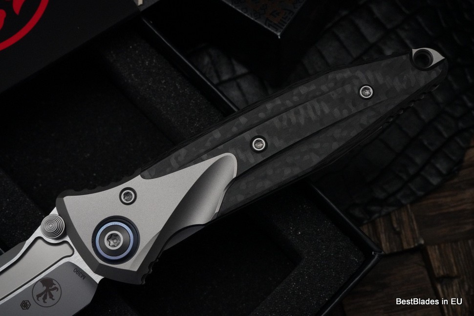 Microtech Knives Socom Bravo Mini Tanto Bead Blast Standard w/ Blue Ti Pivot Collars & Carbon Fiber Scales 261M-7CFTI