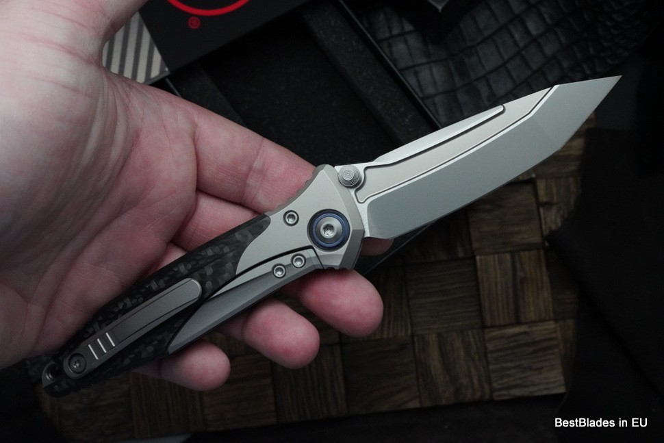 Microtech Knives Socom Bravo Mini Tanto Bead Blast Standard w/ Blue Ti Pivot Collars & Carbon Fiber Scales 261M-7CFTI