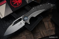 Microtech Matrix Titanium w/ Carbon Fiber Scales &amp; Blue Ti Pivot Collars w/ Hand Satin M390 165C-4CFTI