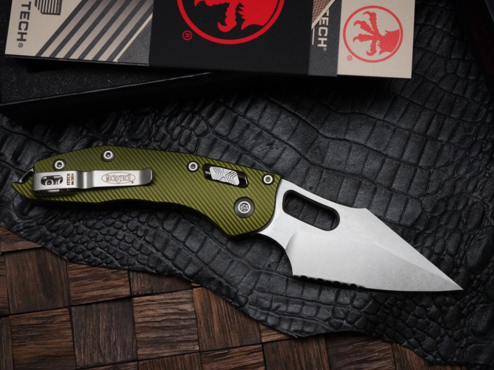 Microtech Knives Manual Stitch RAM LOK Fluted OD Green Aluminum & Partial Serrated M390MK 169RL-11FLOD