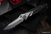 Microtech Knives Socom Bravo Mini S/E Partial Serrated Bead Blast Standard w/ Blue Ti Pivot Collars &amp; Carbon Fiber Scales 260M-8CFTI