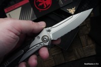 Microtech Knives Socom Bravo Mini S/E Partial Serrated Bead Blast Standard w/ Blue Ti Pivot Collars &amp; Carbon Fiber Scales 260M-8CFTI