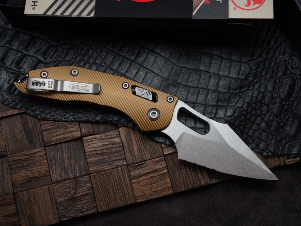 Microtech Knives Manual Stitch RAM LOK Fluted Tan Aluminum & Partial Serrated M390MK 169RL-11FLTA