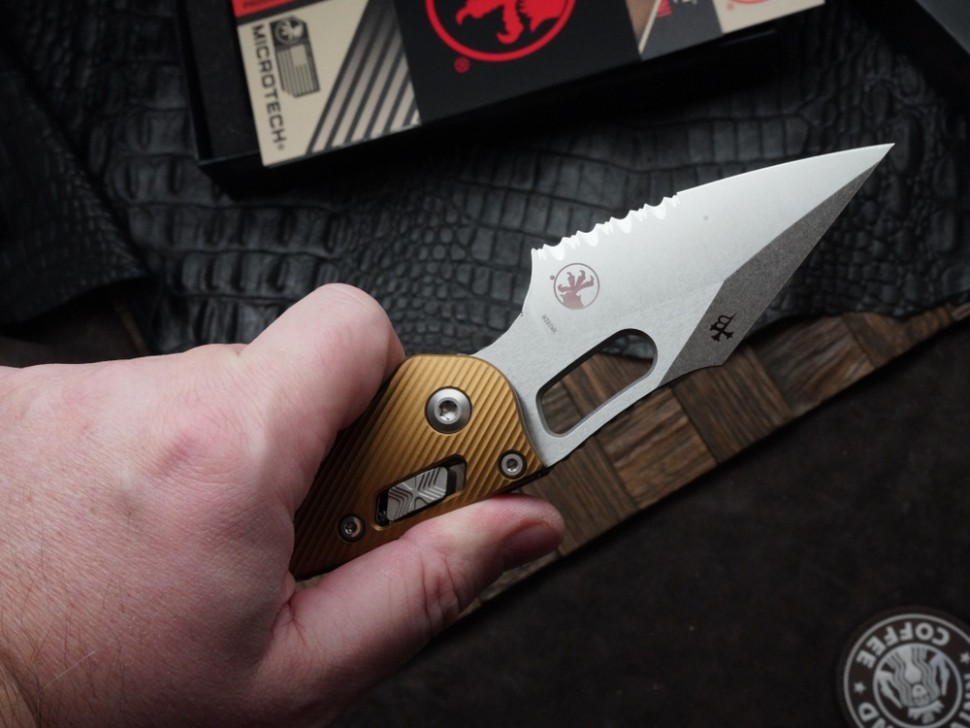 Microtech Knives Manual Stitch RAM LOK Fluted Tan Aluminum & Partial Serrated M390MK 169RL-11FLTA