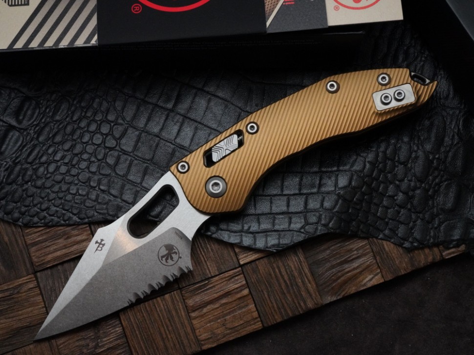 Microtech Knives Manual Stitch RAM LOK Fluted Tan Aluminum & Partial Serrated M390MK 169RL-11FLTA
