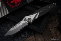 Microtech Knives Socom Bravo Mini Tanto Partial Serrated Bead Blast Standard w/ Blue Ti Pivot Collars &amp; Carbon Fiber Scales 261M-8CFTI