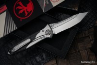 Microtech Knives Socom Bravo Mini Tanto Partial Serrated Bead Blast Standard w/ Blue Ti Pivot Collars &amp; Carbon Fiber Scales 261M-8CFTI