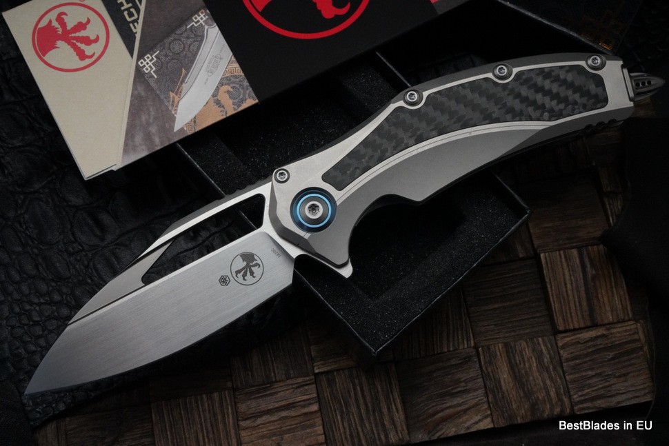 Microtech Matrix Titanium w/ Carbon Fiber Inlays & Blue Ti Pivot Collars w/ Hand Satin M390 165C-4CFITI