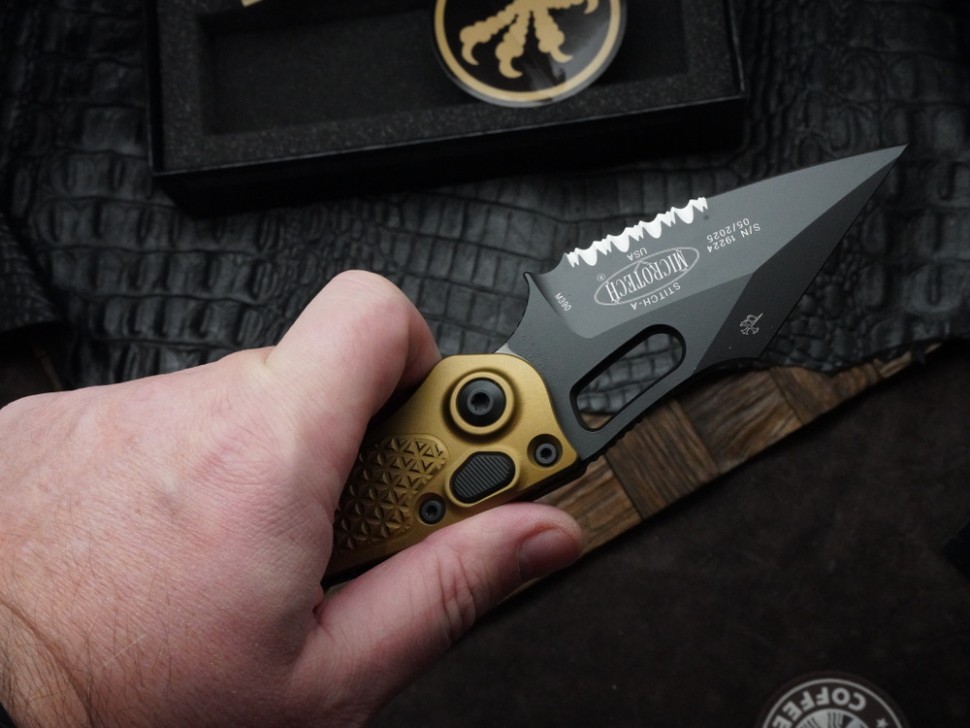 Microtech Borka Stitch Auto w/ Tan Handles & Partial Serrated M390 169-2TA