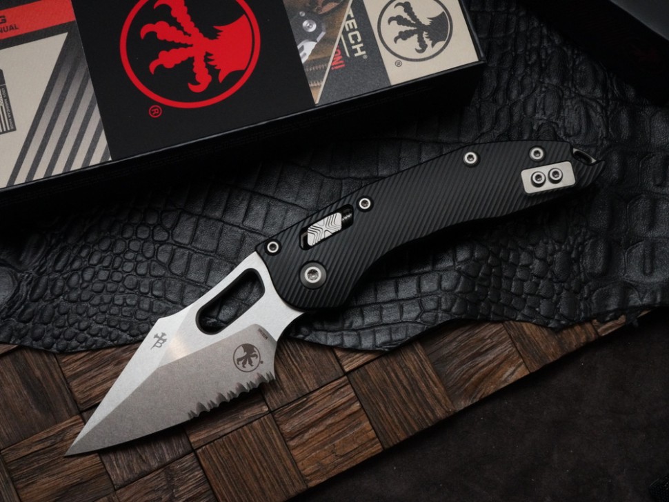 Microtech Knives Manual Stitch RAM LOK Fluted Black Aluminum & Partial Serrated M390MK 169RL-11FL