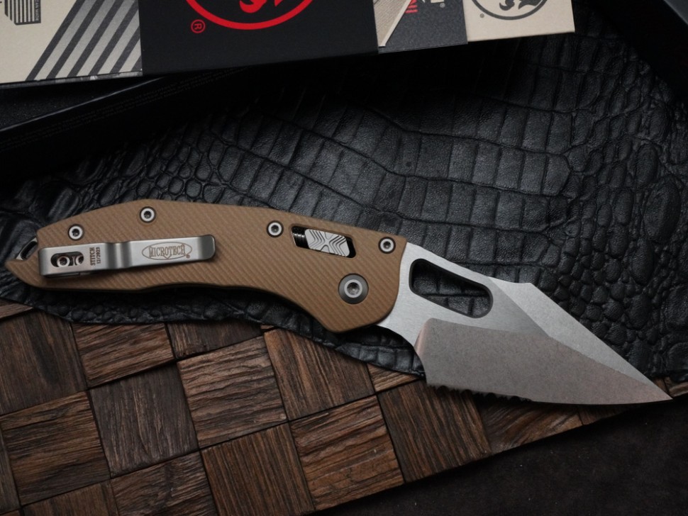 Microtech Knives Manual Stitch RAM LOK Fluted Tan G-10 & Partial Serrated M390MK 169RL-11FLGTTA