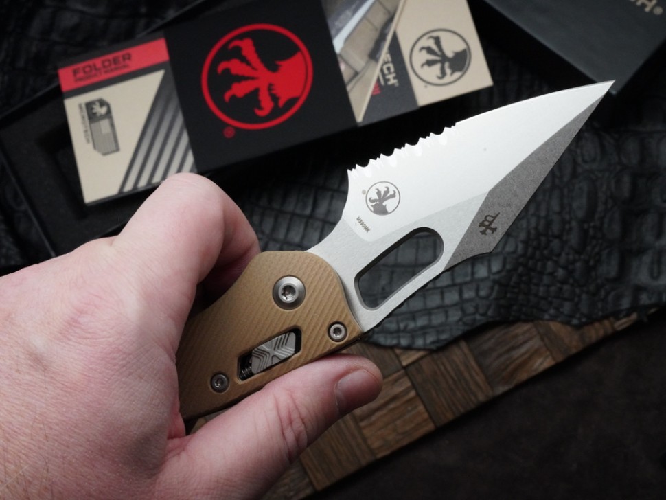 Microtech Knives Manual Stitch RAM LOK Fluted Tan G-10 & Partial Serrated M390MK 169RL-11FLGTTA