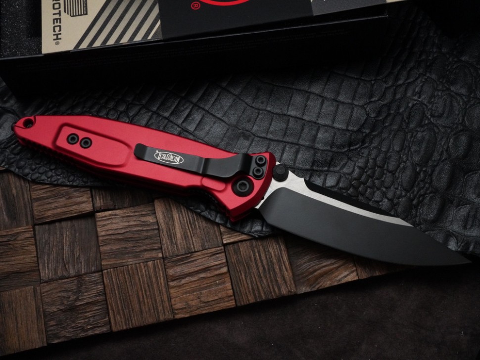 Microtech Socom Elite Manual Black Single Edge w/ Red Handles 160-1RD
