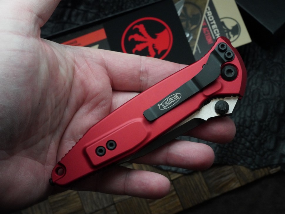 Microtech Socom Elite Manual Black Single Edge w/ Red Handles 160-1RD