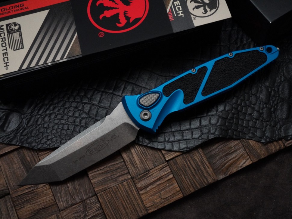 Microtech Socom Elite Auto T/E Stonewash & Blue Handle 161A-10BL
