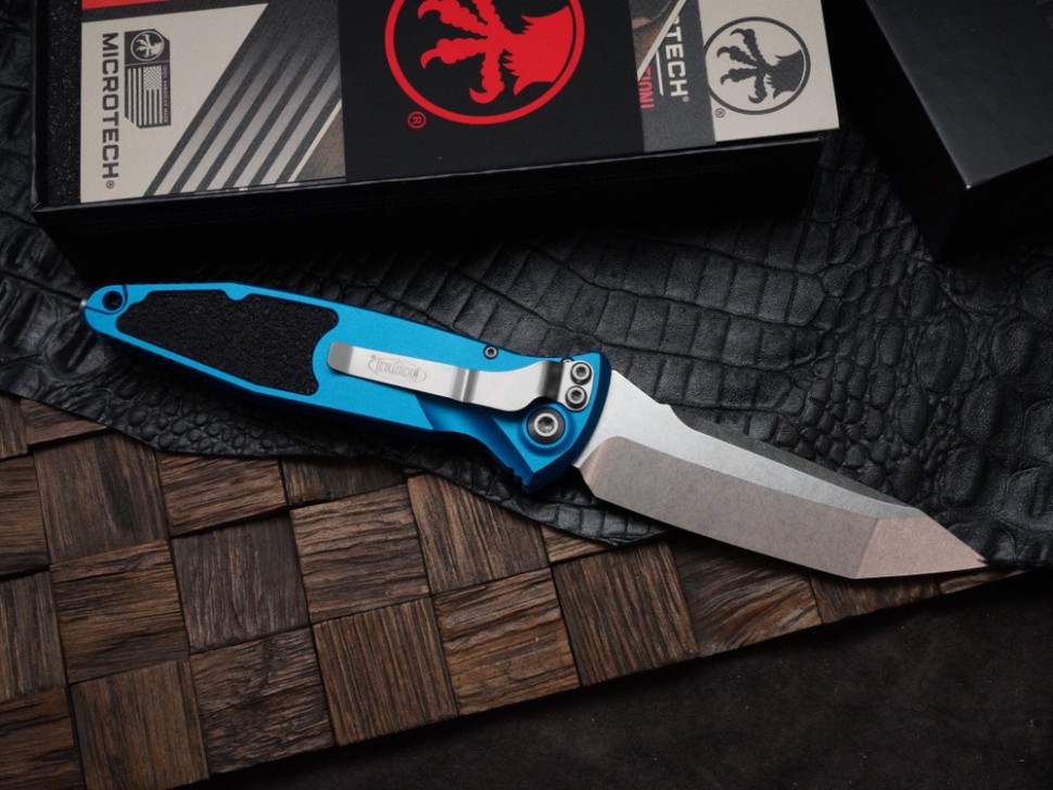 Microtech Socom Elite Auto T/E Stonewash & Blue Handle 161A-10BL