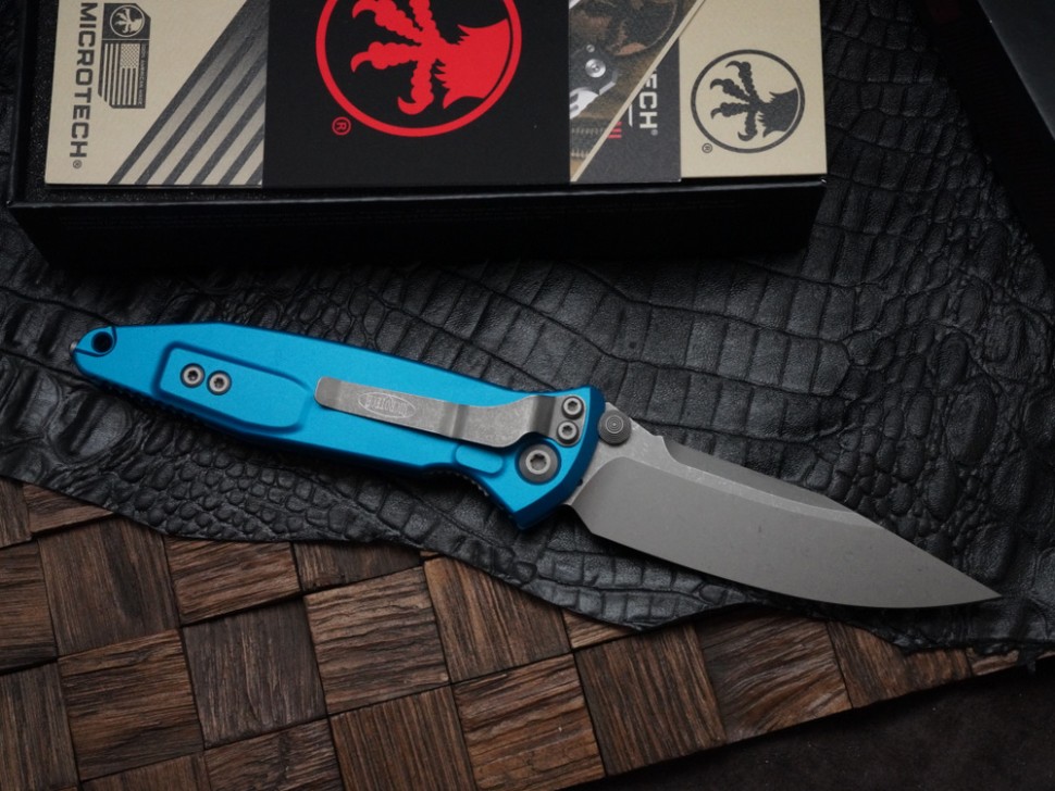 Microtech Socom Elite Auto Blue Handles w/ S/E Apocalyptic 160-10APBL