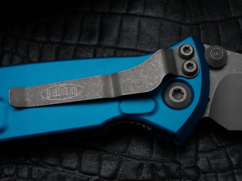 Microtech Socom Elite Auto Blue Handles w/ S/E Apocalyptic 160-10APBL