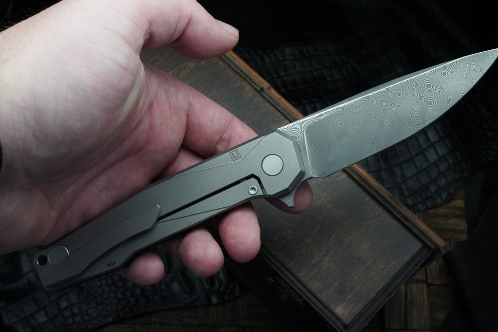 Uldanov R1 custom knife #67 (Damascus, Ti, CF)