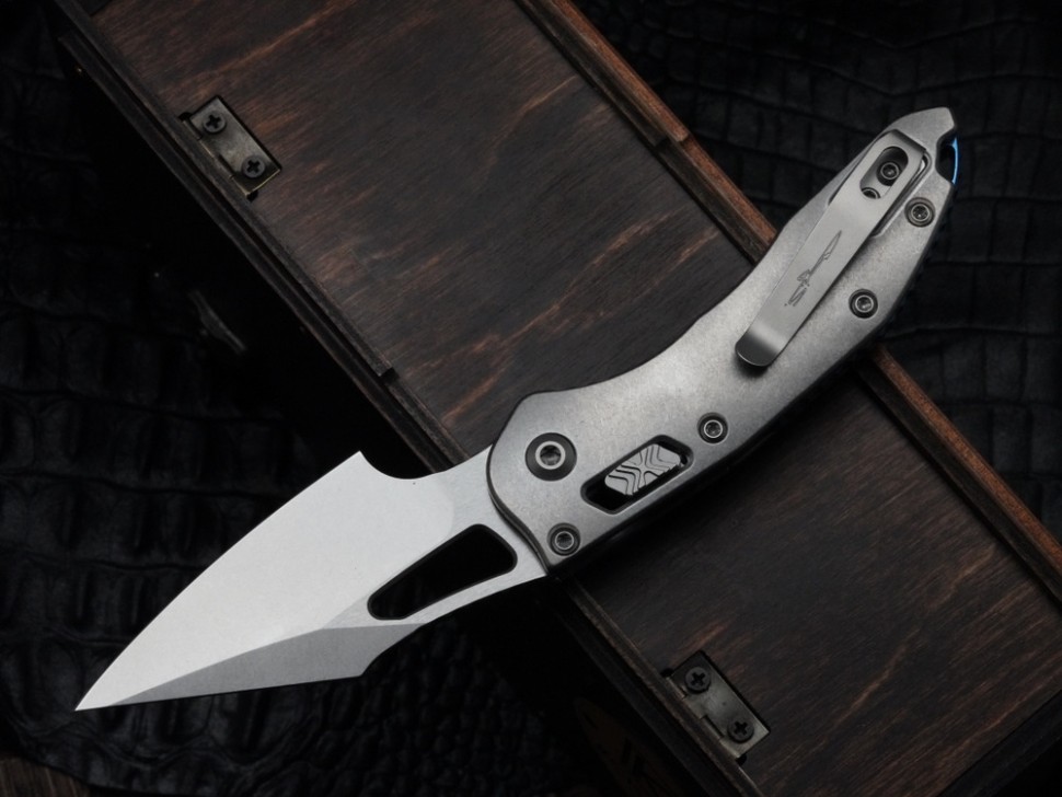 Marfione Select Manual M-Stitch RAM LOK Slab Side Titanium Handles w/ Blue Accents & Stonewash M390MK 169MRL-10MS2