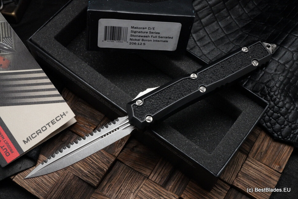 Microtech Makora Double Edge Stonewash Full Serrated & Black 206-12S