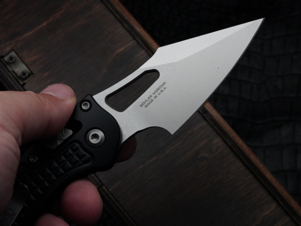 Microtech Knives Manual M-Stitch RAM LOK Black Frag Aluminum Handles & Stonewash M390MK 169MRL-10FR