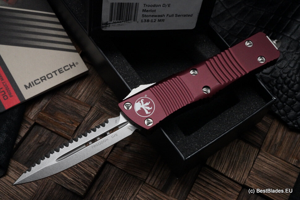 Microtech Troodon Double Edge Stonewash Full Serrated & Merlot 138-12MR