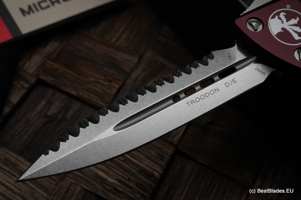 Microtech Troodon Double Edge Stonewash Full Serrated & Merlot 138-12MR