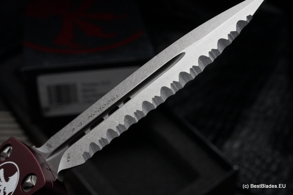 Microtech Troodon Double Edge Stonewash Full Serrated & Merlot 138-12MR