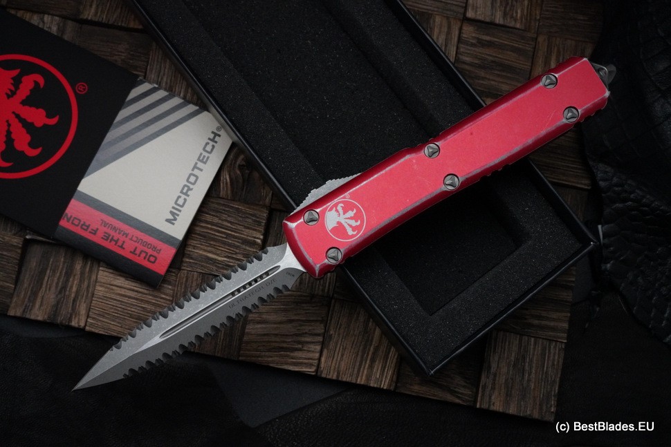 Microtech Ultratech Double Edge Double Full Serrated Apocalyptic & Distressed Red 122-D12DRD