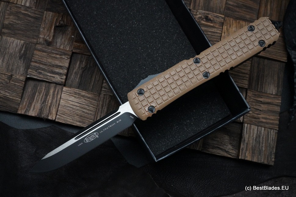 Microtech Ultratech Tan Frag G-10 Top Tactical Standard & Double Edge Signature Series 122-1FRGTTAS