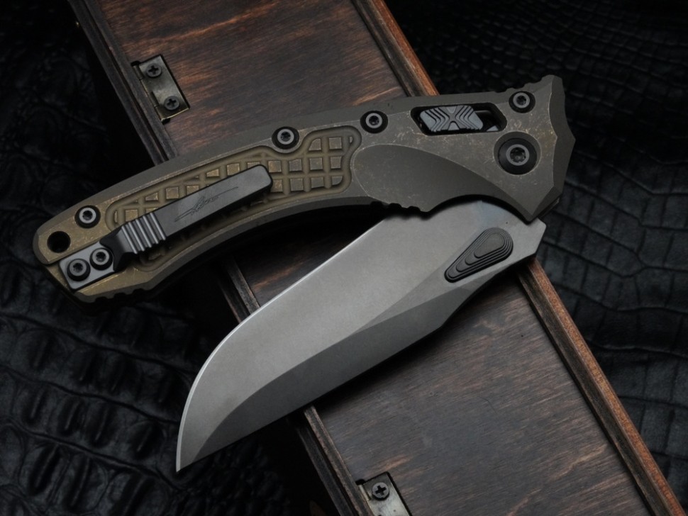 Microtech Marfione Select Amphibian RAM LOK Antique Bronze Frag Titanium Handles & DLC M390MK & DLC Accents 137RL-1DLCTFRMS1
