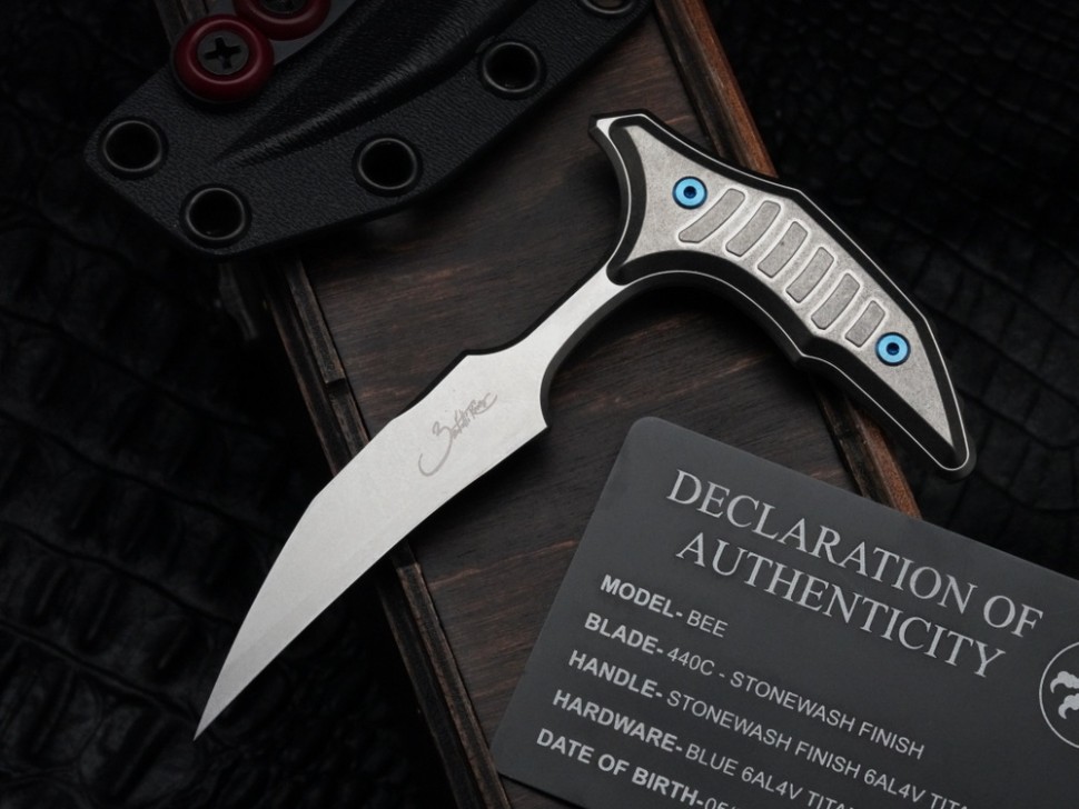 Microtech & Bastinelli Bee Marfione Select Stonewash w/ Stonewash Handles & Blue Hardware 218-10MS3