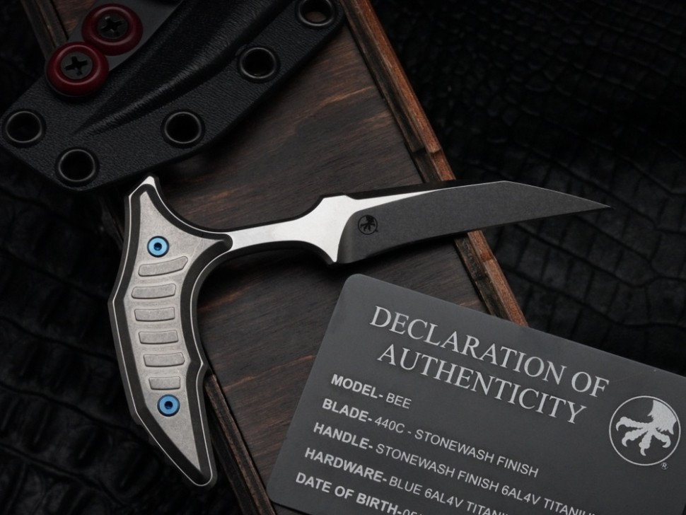 Microtech & Bastinelli Bee Marfione Select Stonewash w/ Stonewash Handles & Blue Hardware 218-10MS3