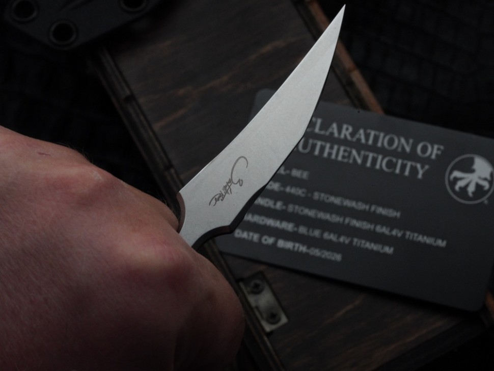 Microtech & Bastinelli Bee Marfione Select Stonewash w/ Stonewash Handles & Blue Hardware 218-10MS3