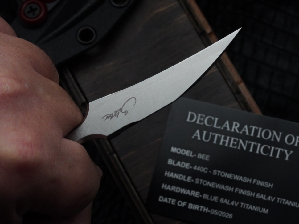 Microtech & Bastinelli Bee Marfione Select Stonewash w/ Stonewash Handles & Blue Hardware 218-10MS3